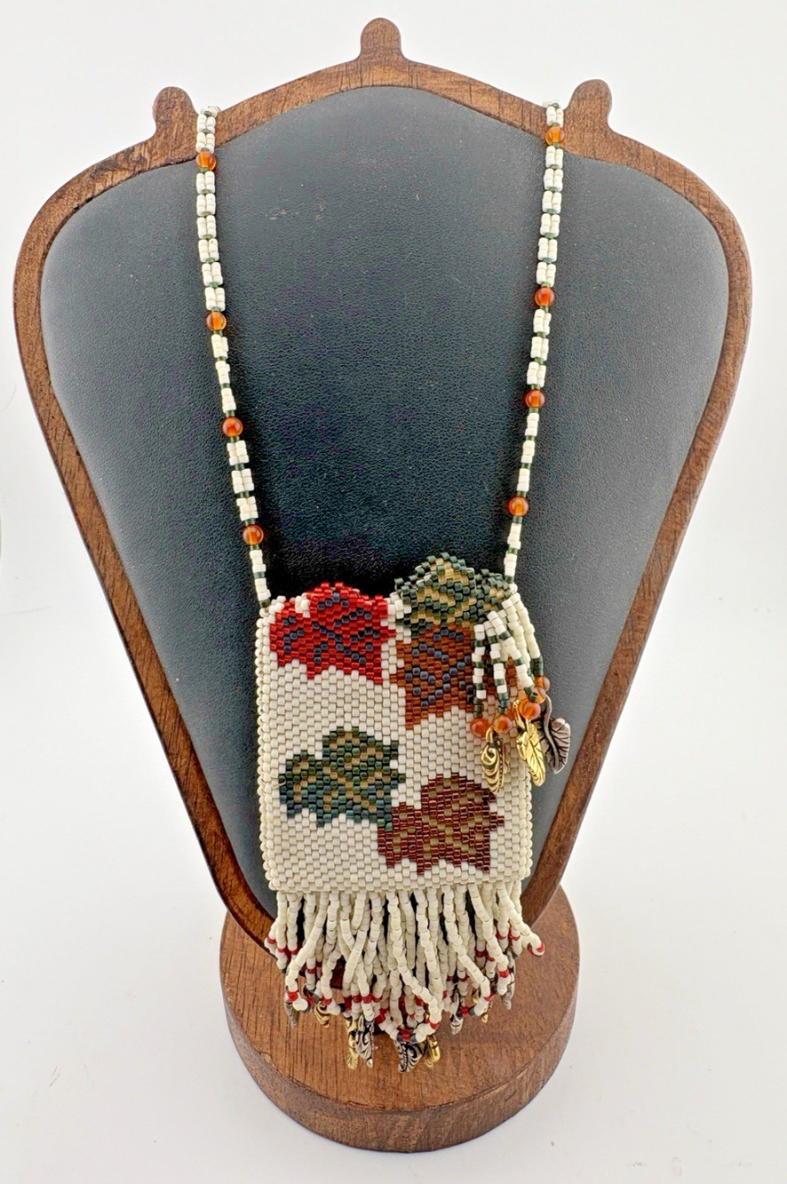 Seed Bead Pouch Amulet Medicine Bag Necklace w/ Fringe Charms Amber Beads 20"